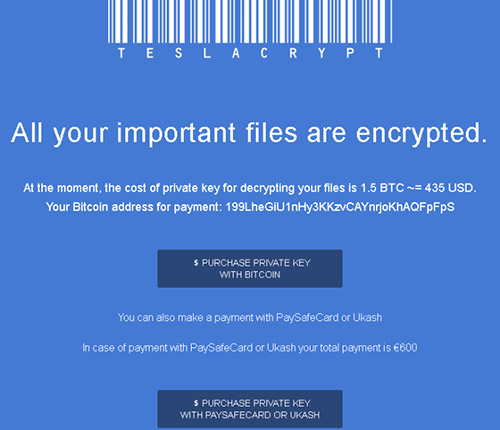 Figure 7. European ransom demand of 1.5 BTC or €600 by prepaid card. (Source: Dell SecureWorks)